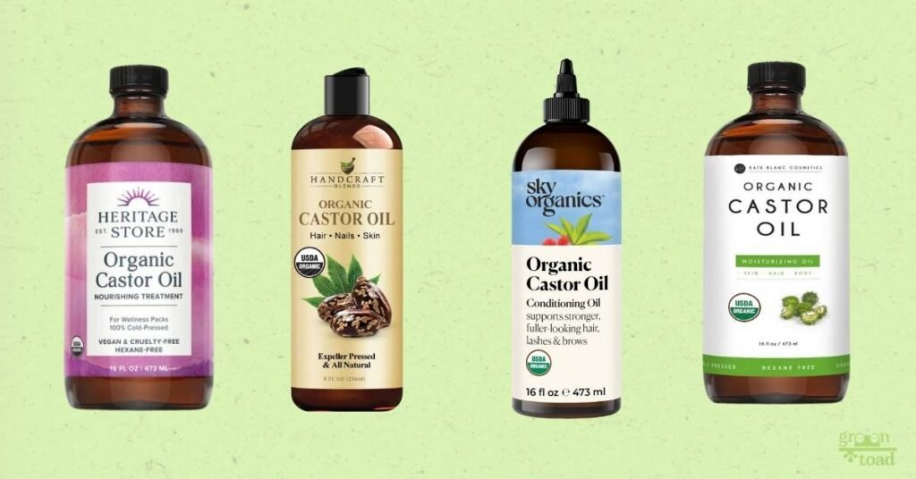 Comparison of top organic cold pressed castor oil brands including Heritage Store, Handcraft Blends, Sky Organics, and Kate Blanc Cosmetics on a green background.