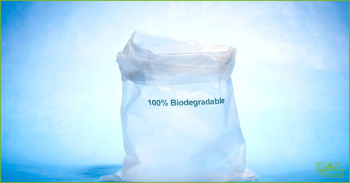100% biodegradable plastic bag with blue background